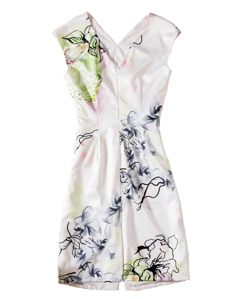 Flower Print Women Sheath Split Dress V-Neck Casual Dresses 11K543