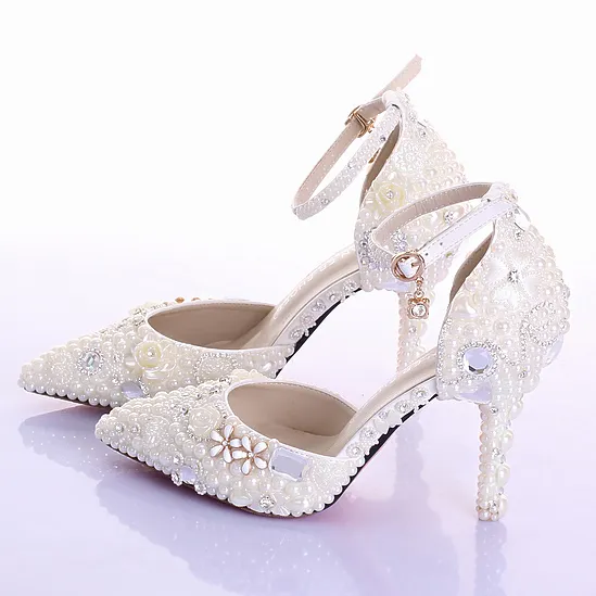 Comfortable Crystal Beaded Ivory Lace Wedding Shoes With Pearl Accents ...