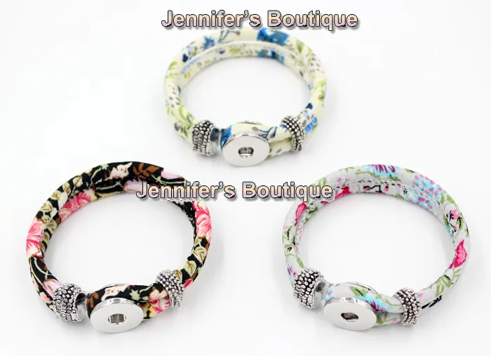 Wholesale Newest Classic Chunks Snap Bracelet, BRAND NEW Fashion Flower Printed Fabric Rope Bracelet Snap Jewelry