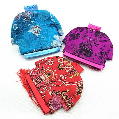 Vintage Chińskie Ubrania W Kształcie Mała torba Zipper Monety Torebka Biżuteria Prezent Worzaki Jedwab Brokuadowy Craft Pakowanie Torba 2 sztuk / partia