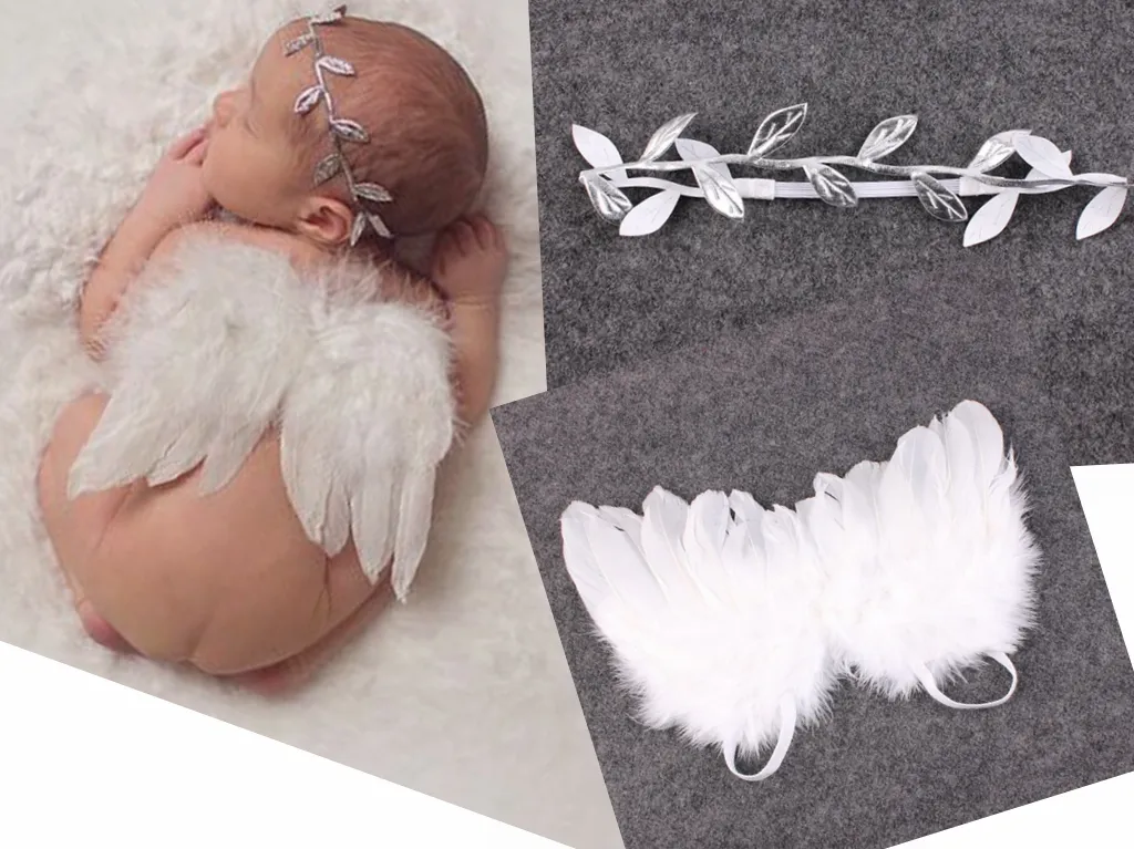 5SET Infant Baby olive leaves Leaf Headband White Feather Angel Wing Couture Newbron Christening hair band Photography Props Set YM6129