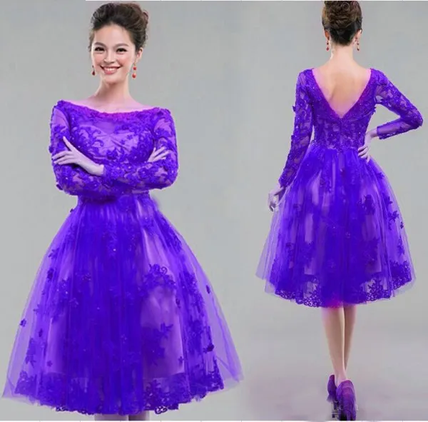 Vintage Dentelle Appliques Manches Longues Robes De Soirée Une Ligne Bateau Décolleté Illusion Longueur Au Genou Court Tulle Robes De Bal Royal Violet Fuchsia