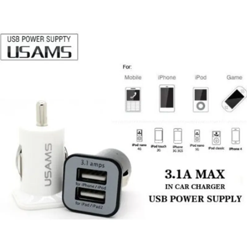 Szybka wysyłka 100 sztuk USAMS 3.1A podwójna ładowarka samochodowa USB 2 porty 5V 3100mah podwójna wtyczka ładowarki samochodowe Adapter do HTC