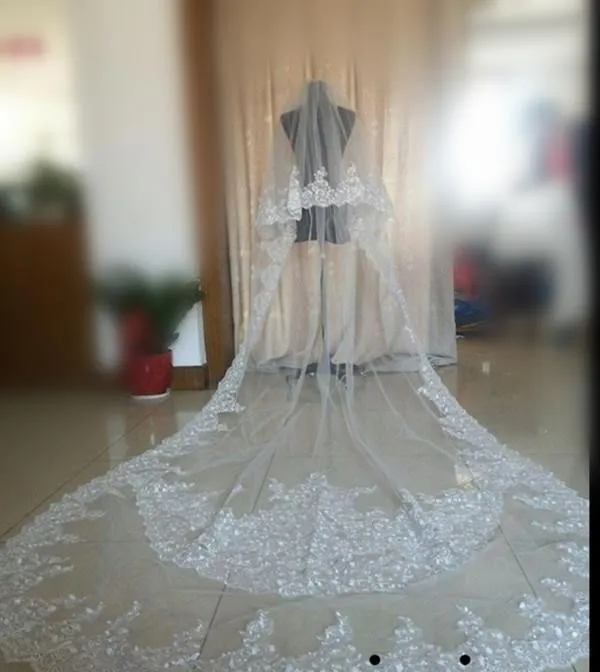 100% Real Photo Two-Layer Bridal Veils Romantic Cathedral Length Wedding Veils With Lace Applique White Or Ivory High Quality Crystal Veils