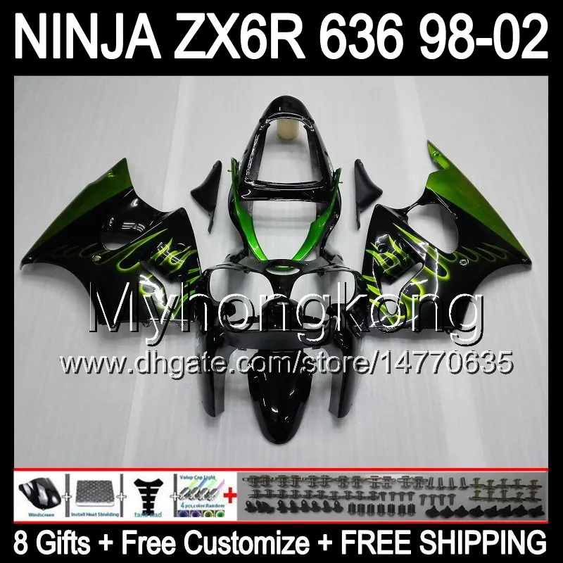 chamas verdes 8Gifts + corpo para a Kawasaki ZX6R 98-02 ZX636 ZX 636 MY40 ZX6R ZX 6R Preto 98 99 00 01 02 1998 1999 2000 2001 2002 Fairing