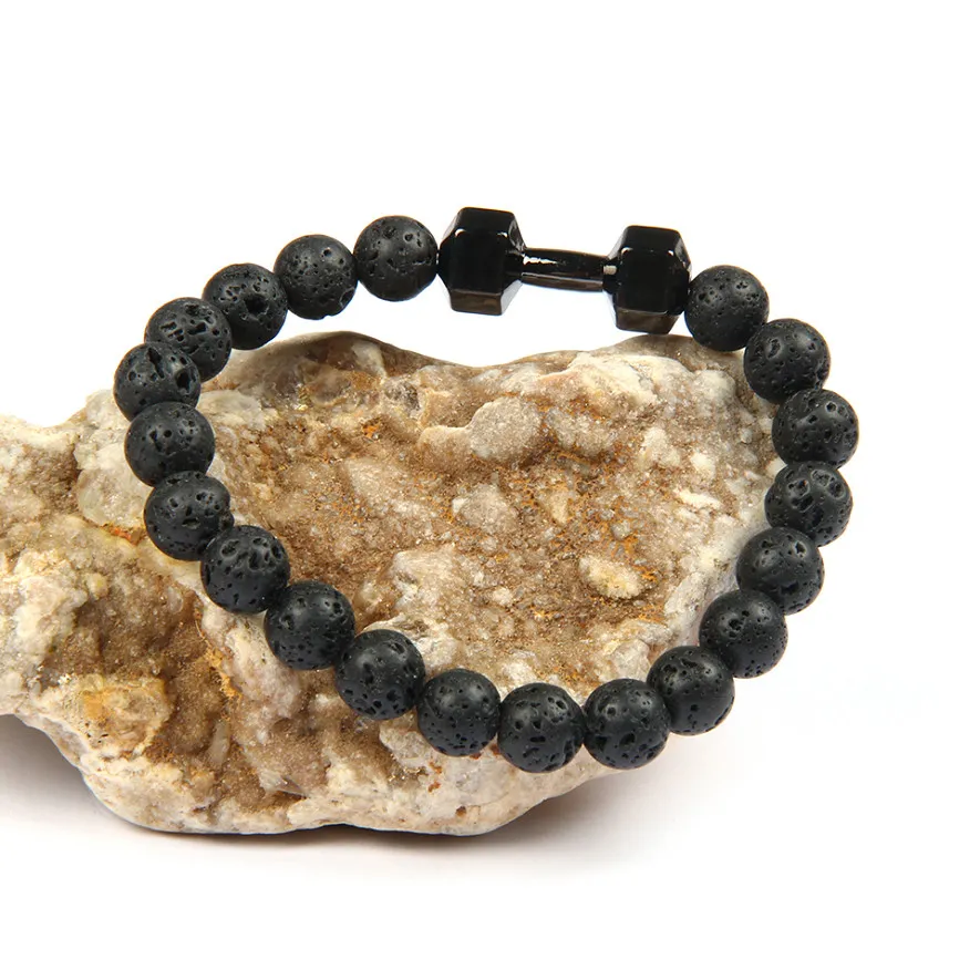 Mens Gift Groothandel Nieuwe Collectie Legering Metalen Lava Rock Stone Beads Fitness Fashion Dumbbell Armbanden met woorden