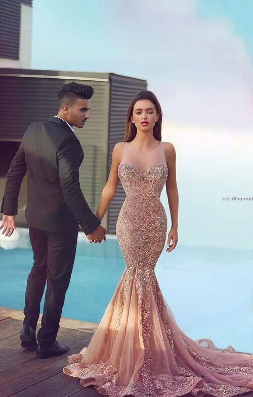 2022 powiedział Mhamad Blush Pink Dubai Arabski Syrenka Prom Dresses Koronkowe aplikacje Backless Sweept Train Backless Formalne Suknie Wieczorowe Dress Ba0562