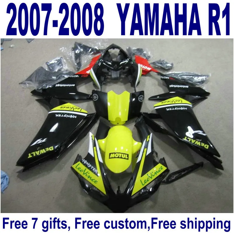 7 Geschenken Plastic Backings voor Yamaha YZF R1 2007 2008 Plastic Fairing Kit YZF-R1 07 08 Geel Zwart Motobike Set YQ39