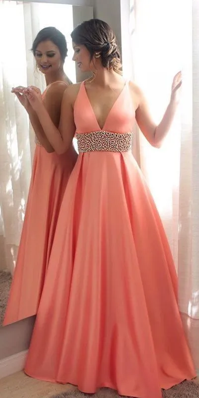 Elegante vestido de fiesta de noche barato de coral Vestidos formales Cuello en V profundo Cinta de Bling con vestido de lentejuelas Sin espalda Alfombras rojas largas Vestidos para mujer