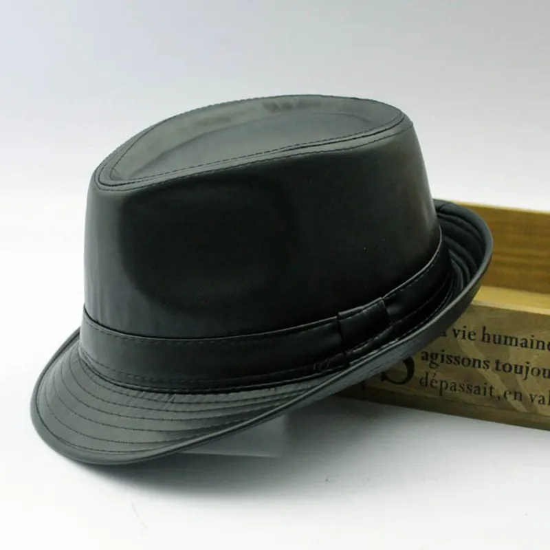 Atacado-Homens fedora Trilby chapéu de couro preto chapéu Fedora para mulheres chapeau homme vintage chapéus de jazz para homens fedora