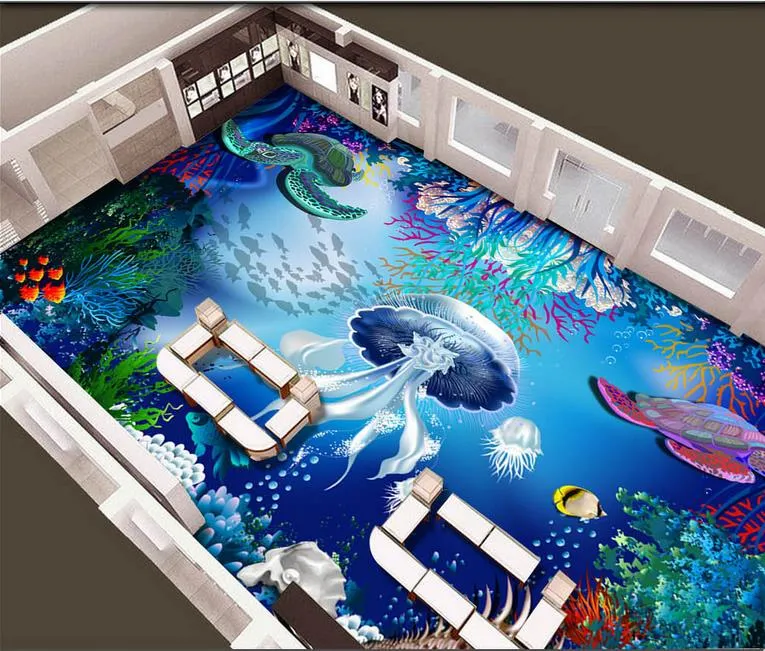 아이 방 바닥 벽지 해파리 바다 거북 3D 바닥 디자인 거실 바닥 층 벽지