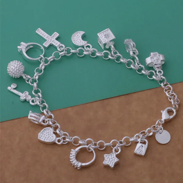Bästa gåva billig gratis frakt Hot 925 Sterling Silver CZ Crystal Gemstone Fashion Jewelry Cross Moon Charms Armband 1000