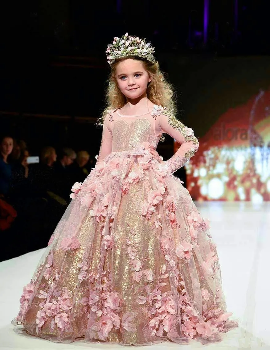 2018 gouden lovertjes baljurk meisjes Pageant jurken lange mouwen peuter bloem meisje jurk roze bloemen 3D appliques eerste communie jurken