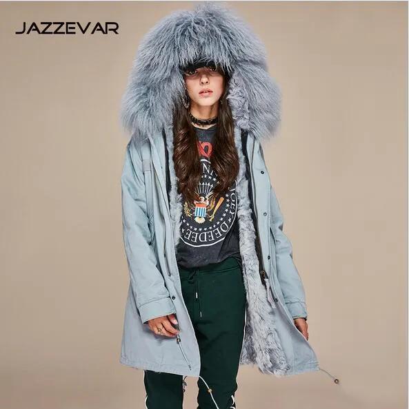 Mulheres casacos quentes Jazzevar marca preto forro de pele de cordeiro camuflagem shell longo casaco de inverno parka com guarnição da pele com capuz