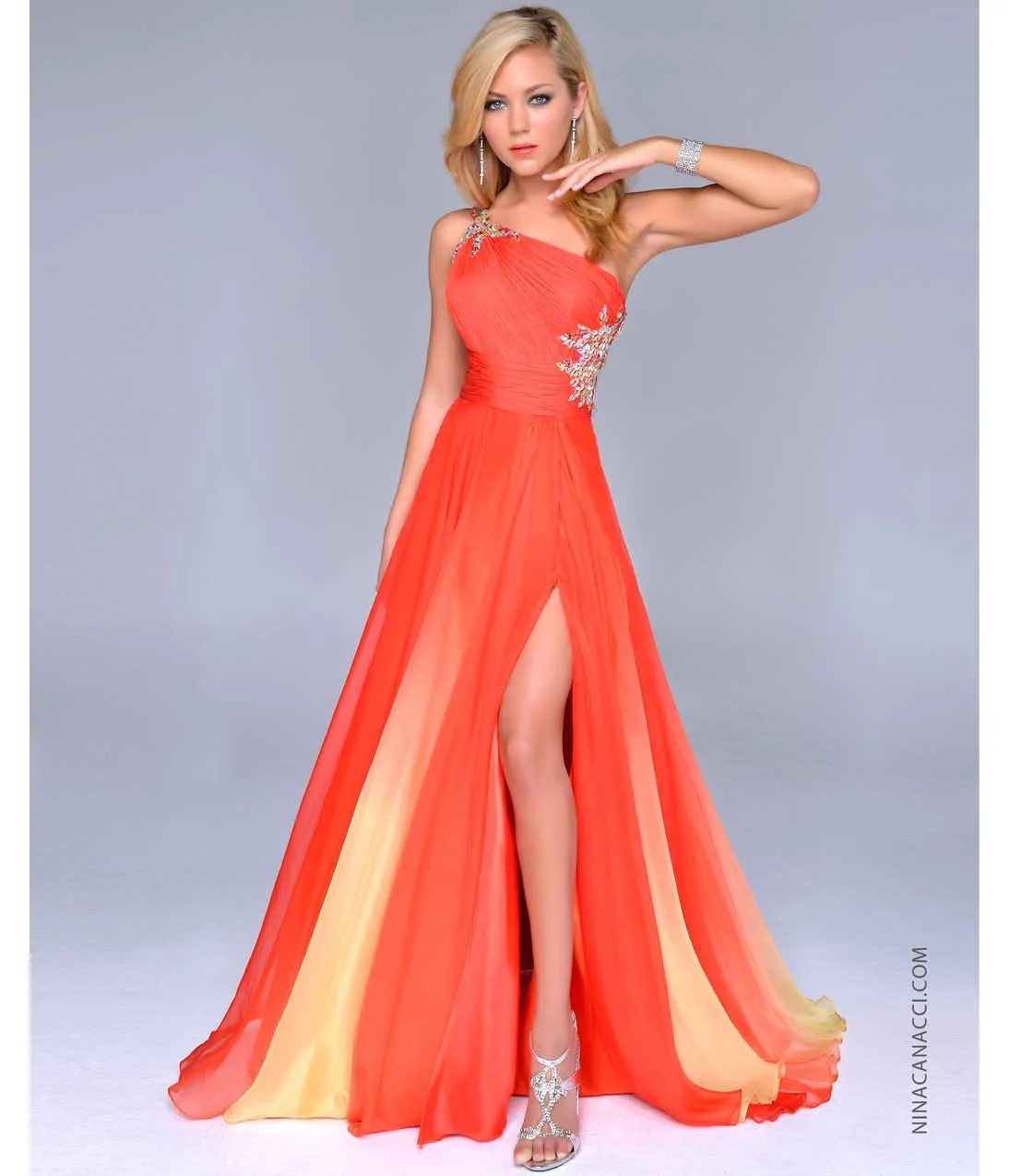 Gradient Ombre Robes de bal orange Scolaire Split Soirée Soirée Formelle Robe de soirée one-épaule Criss Cross Straps Back