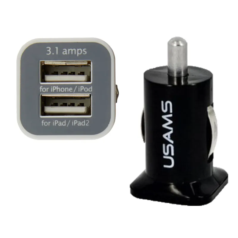 Hot 100 st USAMS 3.1A Dual USB Bil 2 Port Laddare 5V 3100mah dubbelplugg billaddare Adapter för HTC Samsung s3 s4 s5