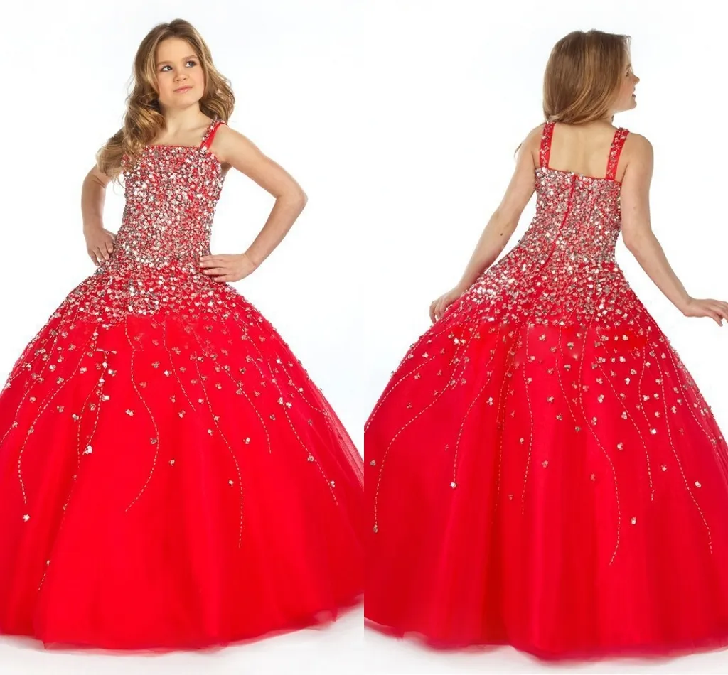 Vestidos de concurso da menina vintage princesa vermelho fortemente beading até o chão vestido de baile crianças vestido de baile para meninas da criança glitz crianças formal wear hy1281