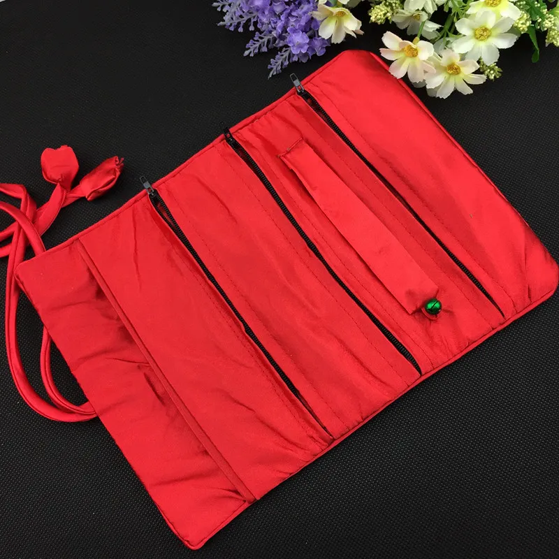 Portable Luxury Travel Silk Jewellery Roll Storage Bag Folding Zipper Large Flower Cosmetic Bag For Women Drawstring Makeup Bag 