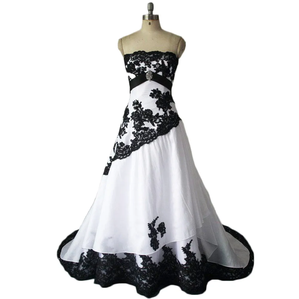 Vintage 2017 Black And White Lace Applique Wedding Dresses Real Photos Strapless Lace Up Bak Bridal Gowns Plus Size Custom Made EN12091