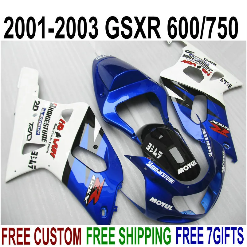 Personaliseer Verkortingen Set voor Suzuki GSXR600 GSXR750 2001-2003 K1 White Black Blue High Quality Fairing Kit GSXR 600 750 01 02 03 EF13