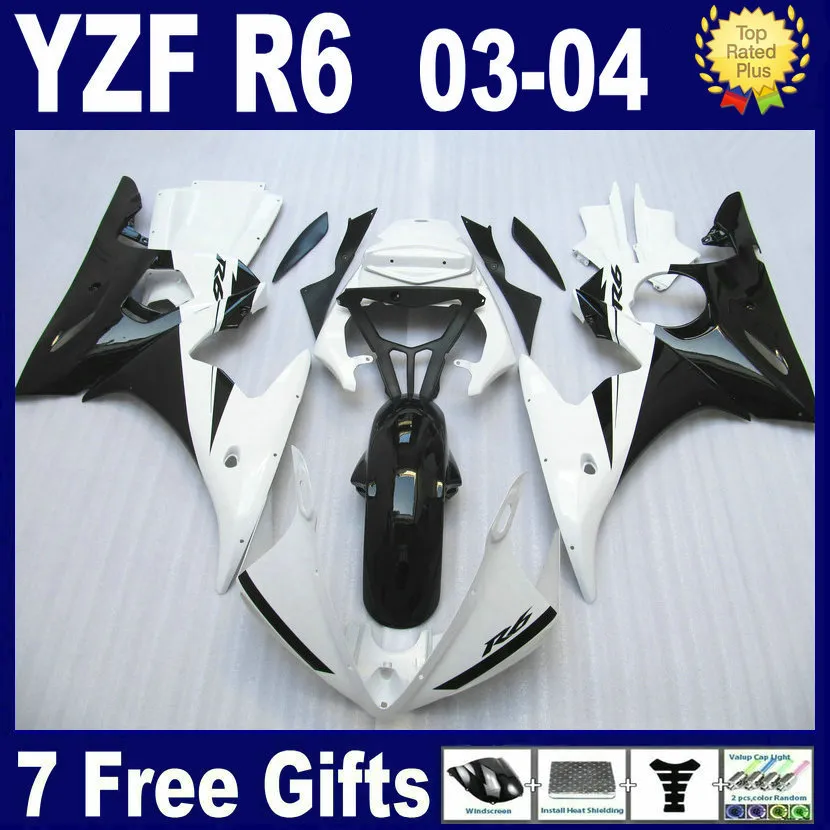 Svart Vit ABS FAIRING FÖR YAMAHA R6 2003 2004 2005 Fairings YZFR6 03 04 05 Full Fairing Kit + Free Gift