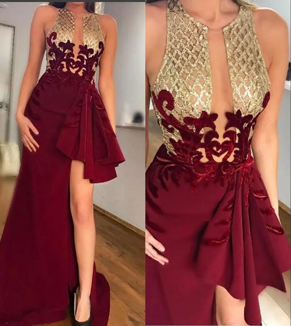 Robe de soirée en Satin doré, sans manches, avec des Appliques à volants, fentes hautes sur les cuisses, traîne de balayage, robe de soirée Sexy