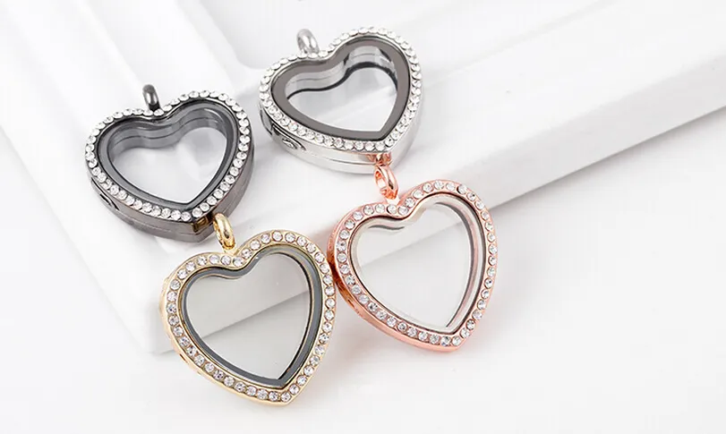 FULL Rhinestones Peach Heart Shape Glass Floating Locket Pendant Fit For Necklace Chain Making