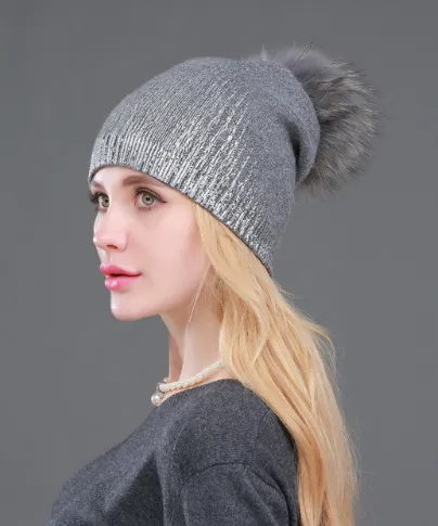New Casual Winter Skullies Beanies Knitted Wool Warm Hats Fashion Pom Pom Real Raccoon Fur Caps Skullies Hat For Women Print Fur Cap