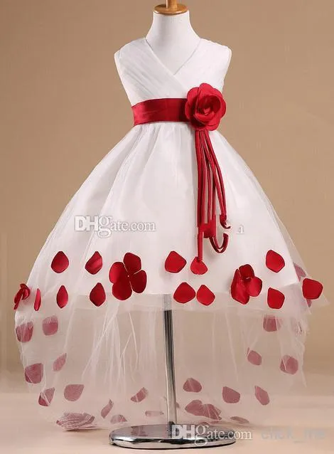 2017 Latest Desinger Style Flower Girl Dresses Patterns in V-neck Sleeveless High Low Rose Sash White Flower Girl Dress With Red Petals