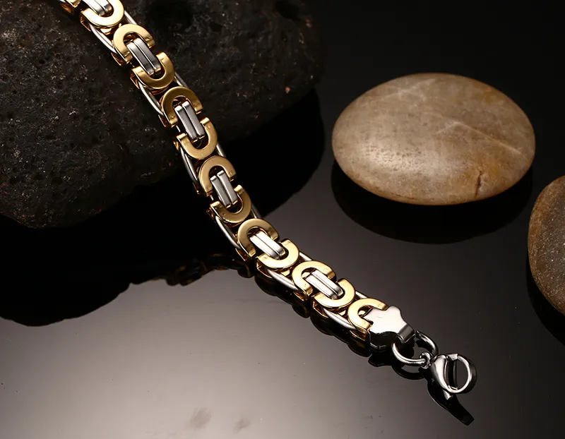 Charming Gift Top Quality Handmade 8mm Stainless steel Gold Silver Two Tone Flat Byzantine Chain Bracelet 8.66'' Fashion Style