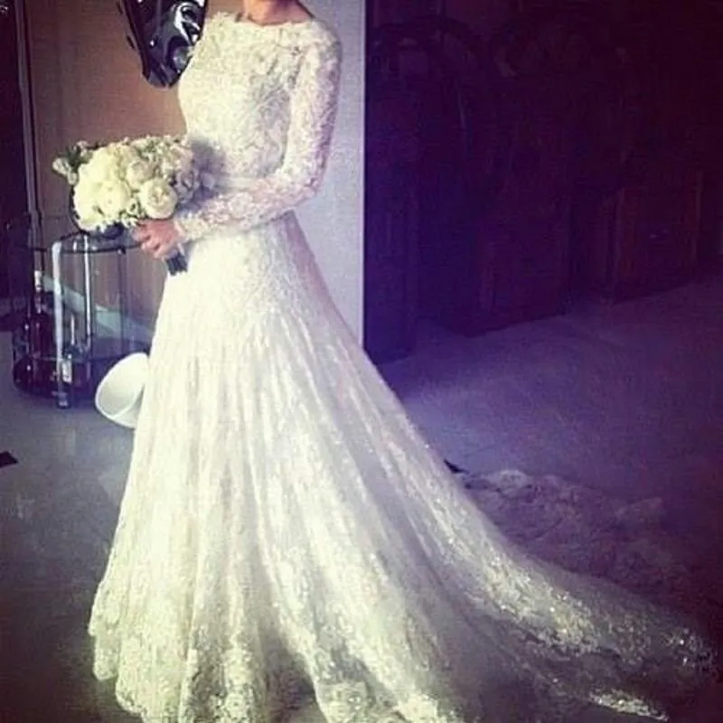 Muslim Wedding Dresses Cheap Sexy A Line Crew Long Sleeve Applique Pleats Sweep Train with Sash White Lace Formal Bridal Gowns