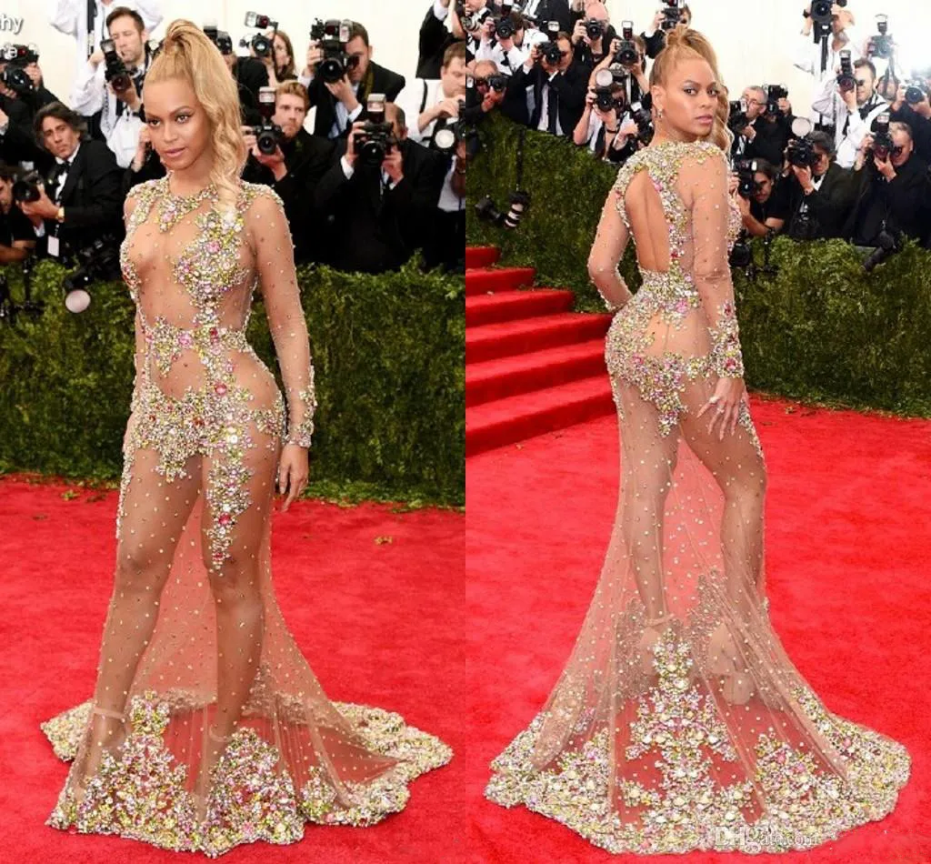 Beyonce Prom Dressess Sexy Red Carpet Dresses Crew manga completa Sheer con Shining Sequins Beads Backless Sweep Train Prom Dress