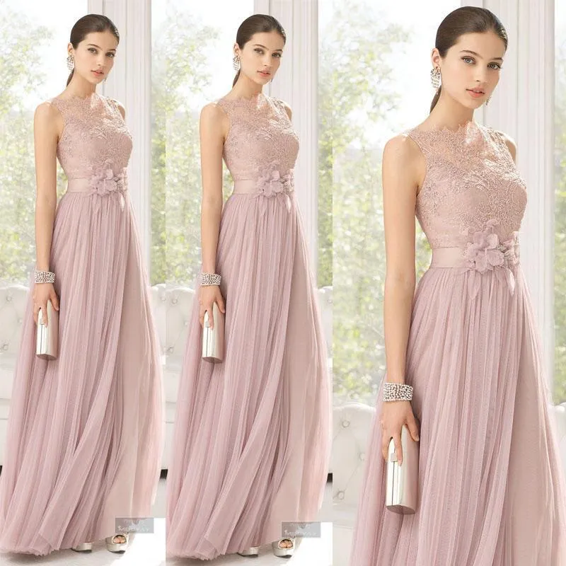 Designer Blush Country Bridesmaid Klänningar Sheer Neck Lace Boutique Evening Dresses Long Tulle Flower Sash Bohemian Junior Maint of Honor Gown