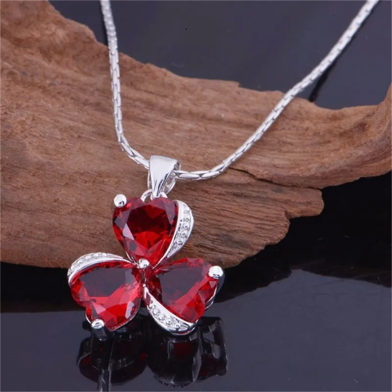 YHAMNI Luxury 100% 925 Sterling Silver Necklace New Fashion Jewelry Red Heart Crystal Clover Pendant Necklace For Women N880