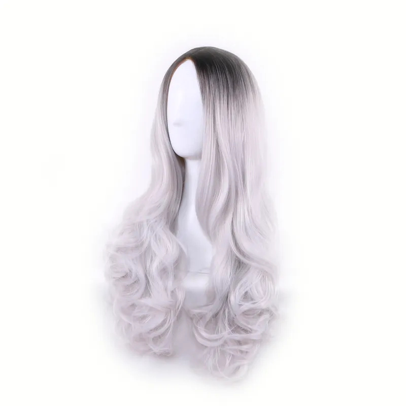 Multicolore Femmes Longue Vague Synthétique Teint Perruque Dames Noir Violet Rose Gris Dégradé Résistant À La Chaleur Cosplay Perruques Ombre Couleur Ondulés Caps De Cheveux