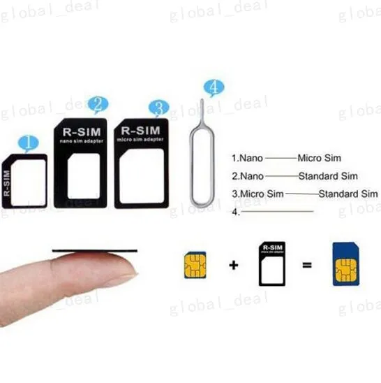 4 i 1 Noosy Nano Micro Sim Adapter Eject Pin för iPhone 5 för iPhone 4 4S 6 Samsung S4 S3 SIM-kort Retail Box