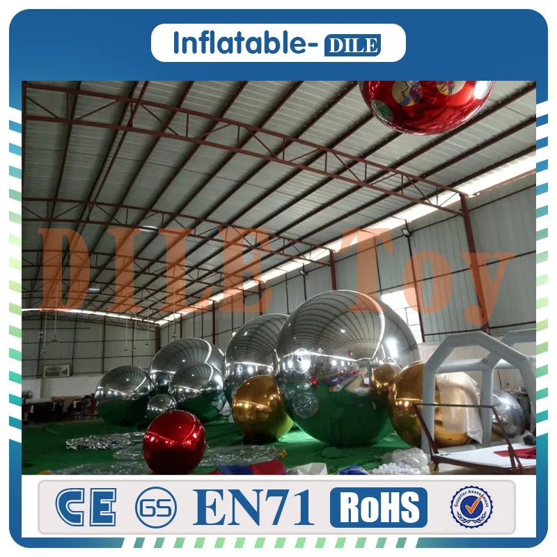 Högkvalitativ 1,0m diameter PVC uppblåsbar silverspegelboll, uppblåsbar hängande disco boll för dekoration