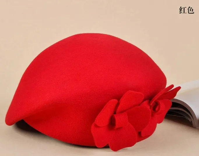 Lady Morden 2 Flower Design Wol Winter Church Hat Cap Vilt Fedora Stewardess Baret 4 Kleuren Gratis Verzending