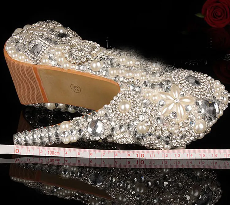 Unique Ivory Pearl Rhinestone Wedding dress Shoes Peep Toe High Heeled Bridal Shoes Waterproof Woman Party Prom Shoes Platforms Banquet