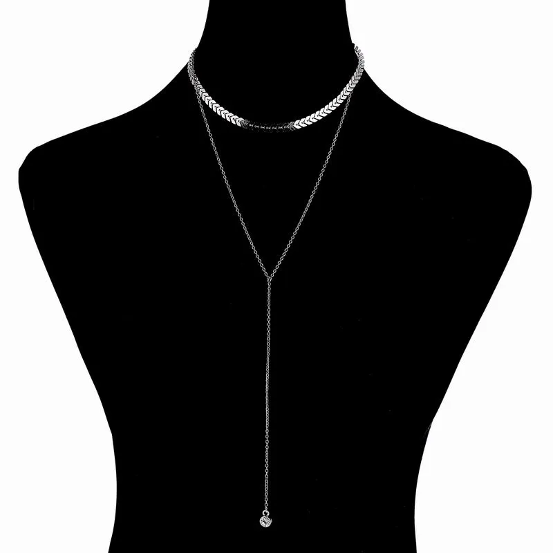 Nowy projekt Sexy Srebrny / Złoty Kolor Kryształowy Charm Naszyjnik Wielowarstwowy Łańcuch Fishbone Y Kształt Choker Naszyjnik Dla Kobiet