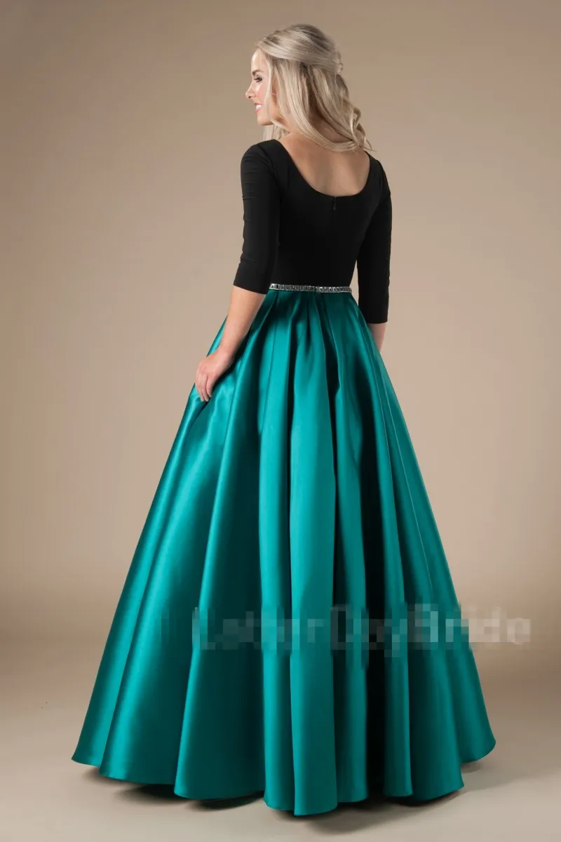 New Design Long Formal Black Green Modest Pom Dresses With Sleeves Satin Skirt Simple Elegant Teens Prom Party Gowns Custom Made