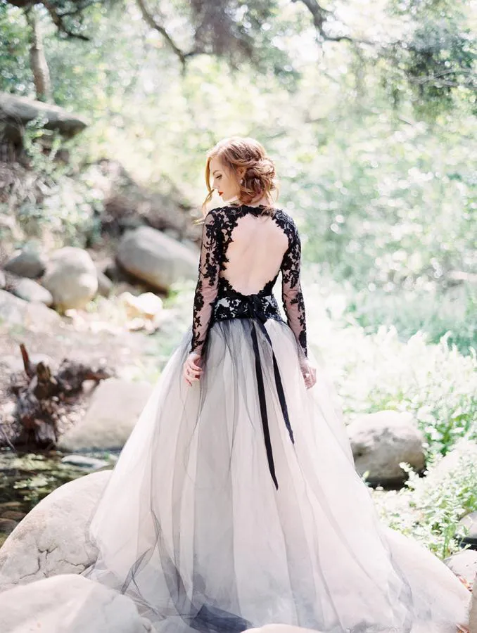 Bohemian Black Lace a line wedding with Long Sleeves, Open Back, and 3D-Floral Applique - Perfect for Beach or Country Weddings