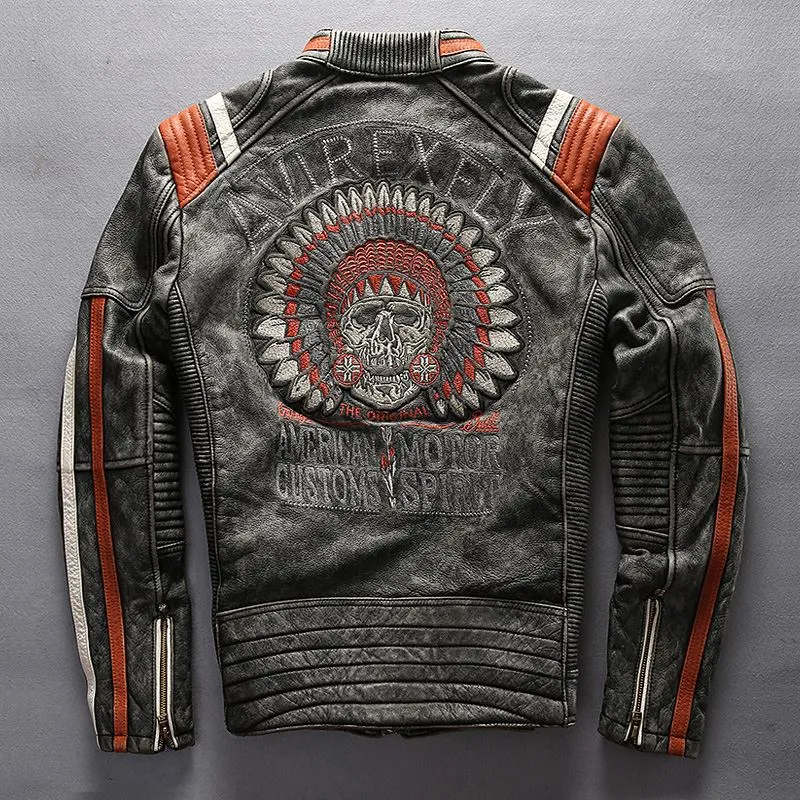 giacca da motociclista in vera pelle di mucca da uomo giacca da motociclista in pelle di vacchetta vintage con colletto rialzato in pelle ricamata