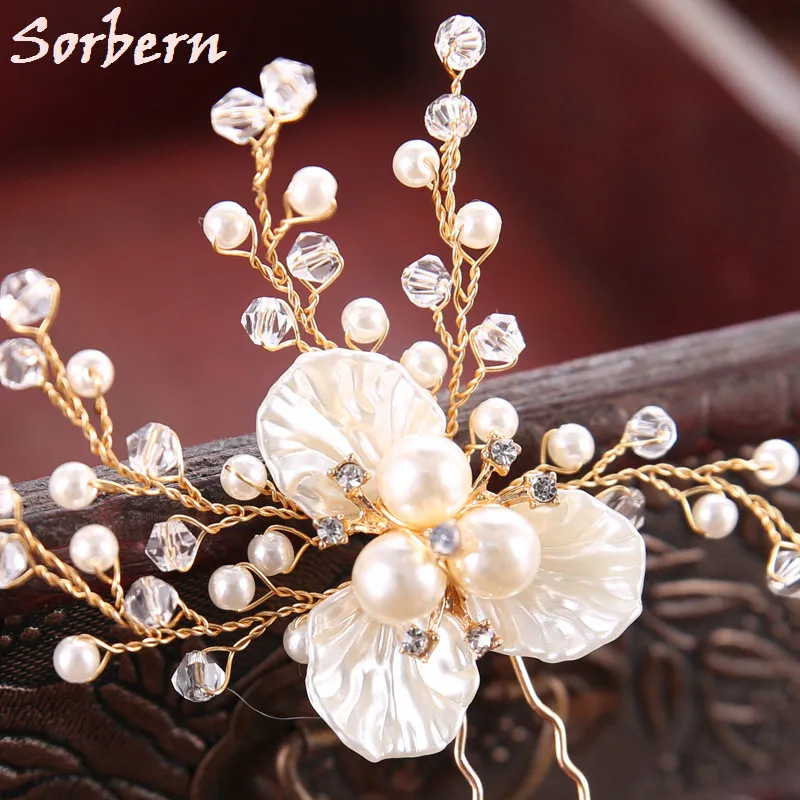 Gold Color Flower Leaf U Shape Hair Sticks Pearl Clip Vintage Hair Pins Wedding Accessories Crystal Bridal Head Piece