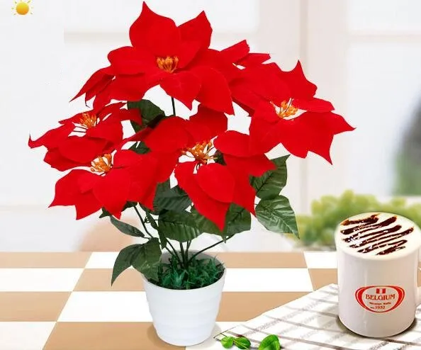 flores artificiales poinsettia, flor de navidad poinsettia festival de navidad en casa decoratiion flor 45 cm 7 Head Poinsettia Flower SF008