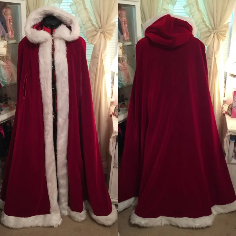 Partihandel Mörkröd Fur Velvet Hooded Cloak Bridal Cloaks Capes 2018 Vinter Elegant Lång jacka Bröllop Brudtärna Wraps