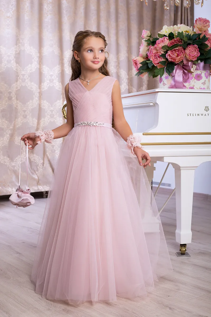 Light Sky Blue Blush Pink Małe dziewczynki Formalne imprezy Podaj sukienki 2019 Pleted V Neck Long Junior Bridesmaid Suknie