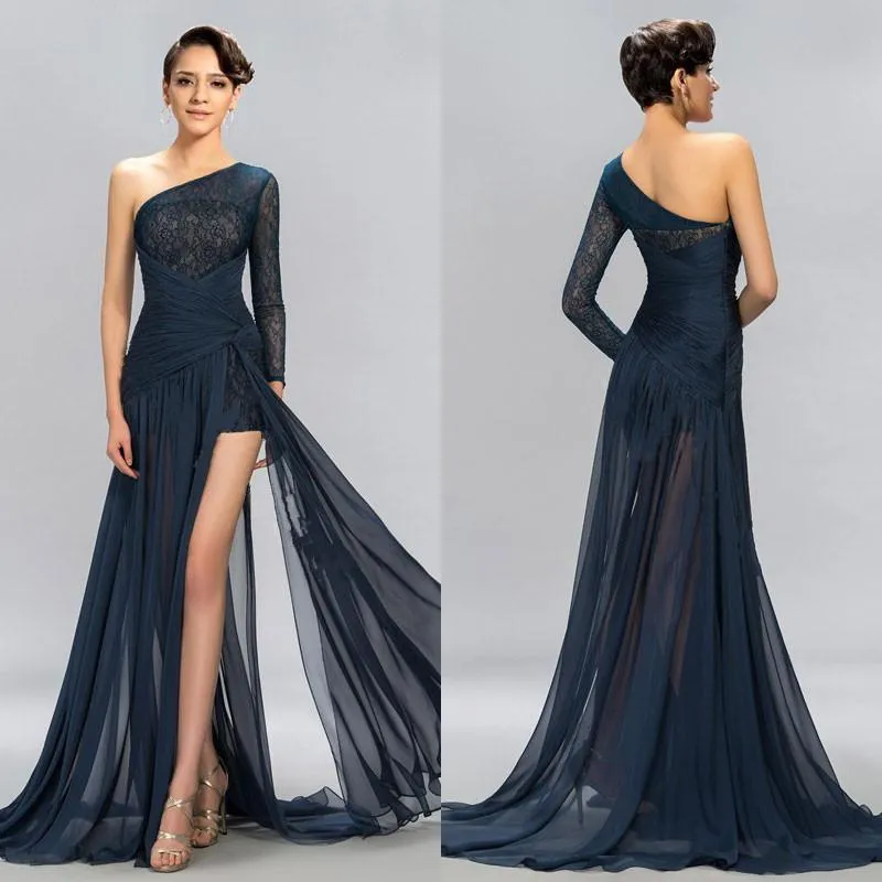 Elegant One Long Sleeve Evening Dresses One Shouder Pleats Lace Evening ...