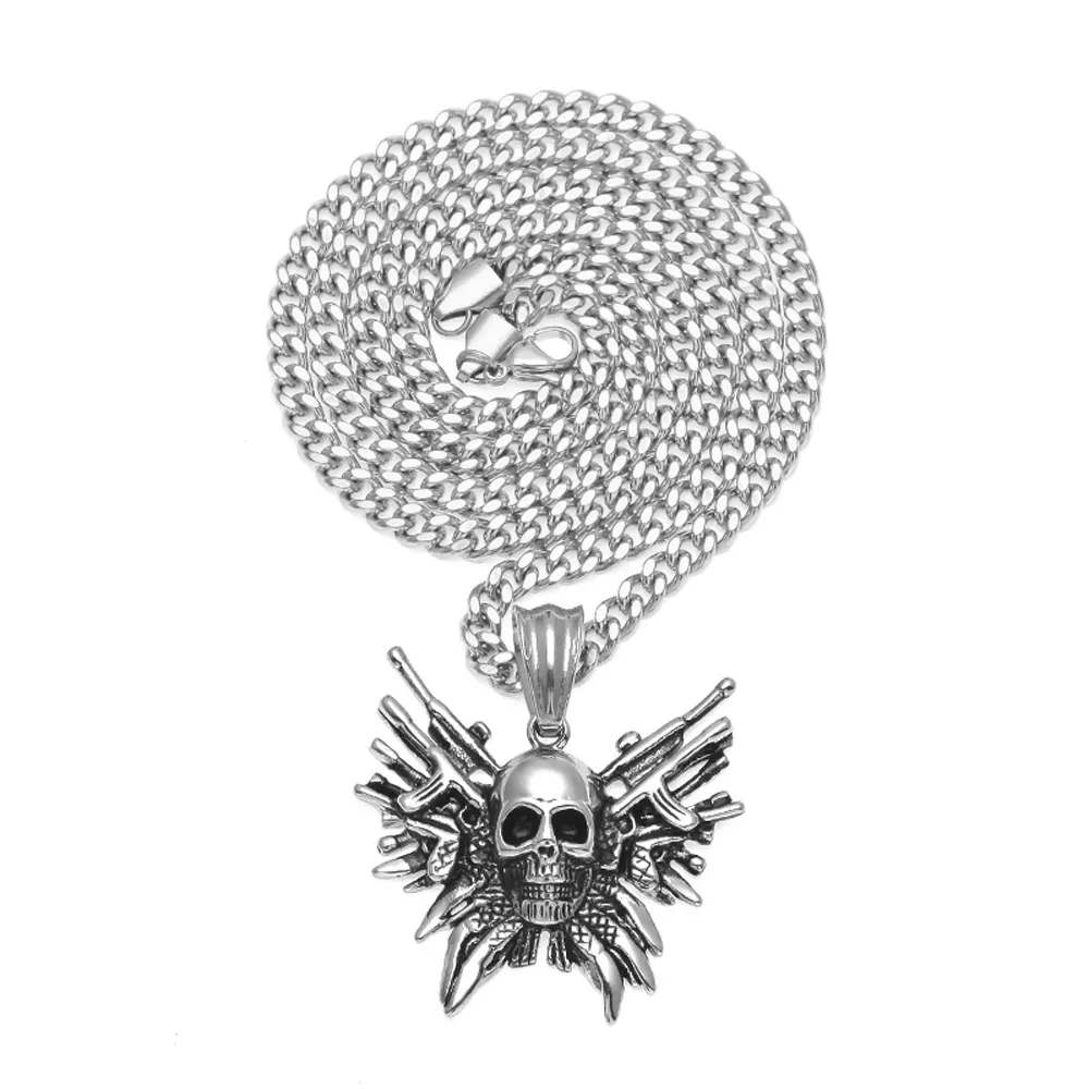 Guld gotisk skalle pistol hängande halsband i rostfritt stål punk stil herrar smycken med hög kvalitet