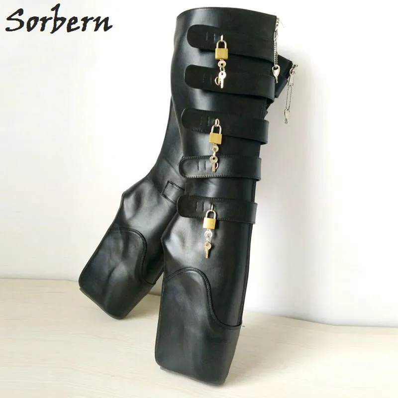 Yeni Bale Çizmeler Unisex Ayakkabı 18 cm 7 Süper Yüksek Topuk Kama Tırnak Heelless Moda Seksi Fetiş Köle 10Keys Kilitlenebilir Diz Yüksek Çizmeler